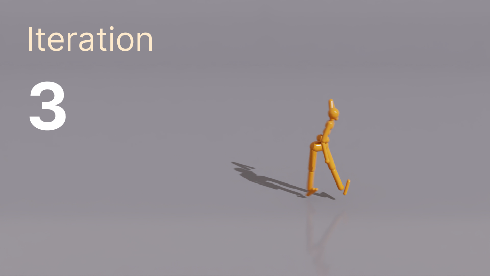 <b>Iteration 3</b>, Human feedback: <br>
                        <span style="font-size: 0.8em; line-height: 30px;">The learned behavior now looks like duck walk; 
                            the legs are indeed alternating but the torso is very low. 
                            Could you improve the reward function for upright running?</span><br><br>
                        <b>Iteration 3</b>, Eureka reward:
                        [sep]
                        assets/rlhf_rewards/humanoid_step2.txt